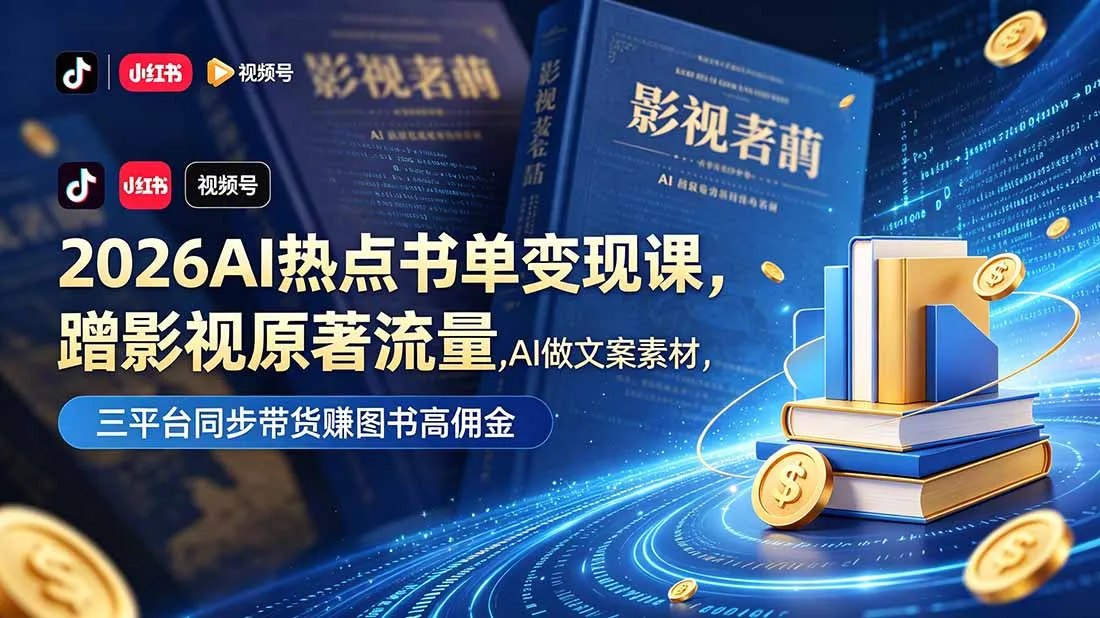【精】2026AI热点书单变现课，蹭影视原著流量，AI做文案素材，三平台同步带货赚图书高佣金