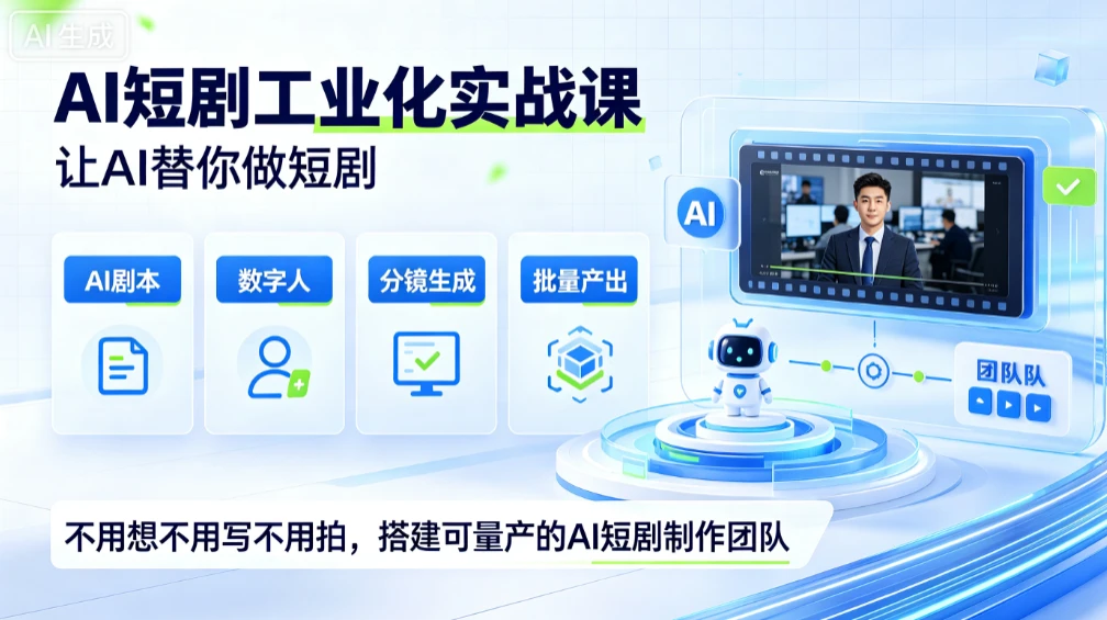 【精】AI短剧工业化实战课，让AI替你做短剧，不用想不用写不用拍，搭建可量产的AI短剧制作团队