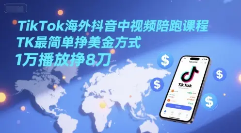 TikTok海外抖音中视频陪跑课程,TK最简单挣美金方式,1万播放挣8刀